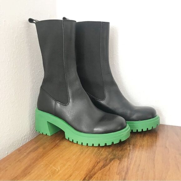 STEVE MADDEN Hesitant Black Leather Platform Boot Midi Green Lug Sole Size 6 New - Picture 2 of 15